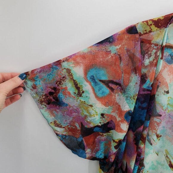 Maurices Womens Colorful Open Front Sheer Top Size 1 (16-18) Short Sleeve Casual - Picture 7 of 13